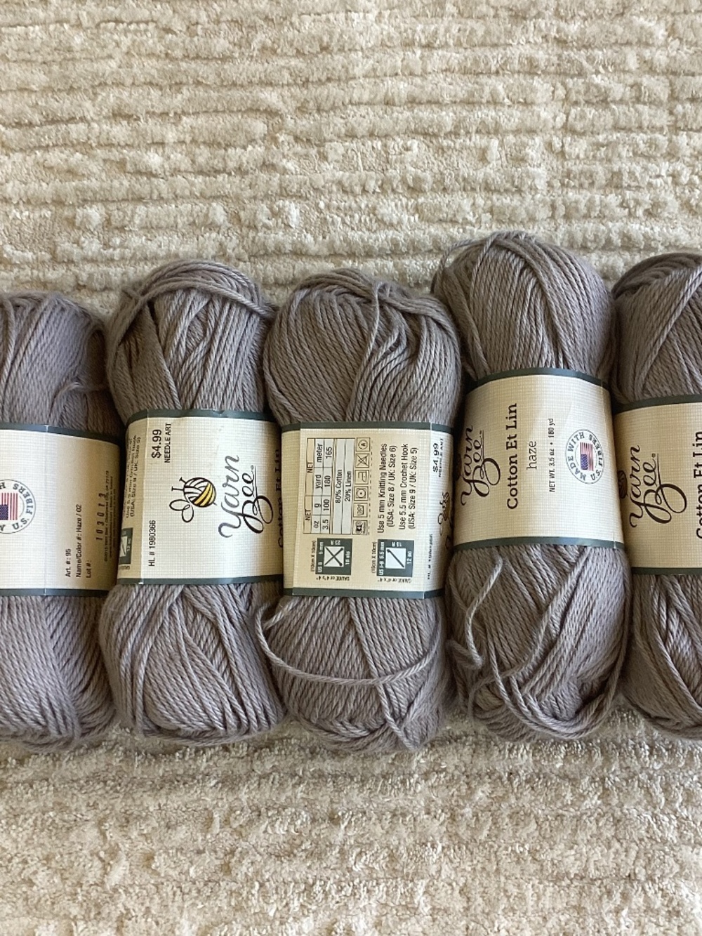 Lot Of 5 Yarn Bee Cotton Et Lin Yarn Haze Gray Aran Cotton Linen Blend Summer